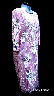 Rare Vintage Nina Couture Light Pink Sequined & Beaded Silk Deco Great Gatsby Flapper Gown Sz Medium Abby Essie