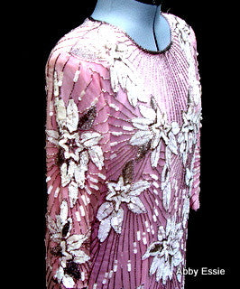 Rare Vintage Nina Couture Light Pink Sequined & Beaded Silk Deco Great Gatsby Flapper Gown Sz Medium Abby Essie