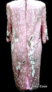 Rare Vintage Nina Couture Light Pink Sequined & Beaded Silk Deco Great Gatsby Flapper Gown Sz Medium Abby Essie