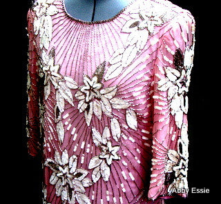 Rare Vintage Nina Couture Light Pink Sequined & Beaded Silk Deco Great Gatsby Flapper Gown Sz Medium Abby Essie