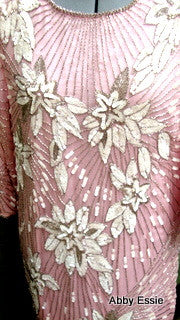 Rare Vintage Nina Couture Light Pink Sequined & Beaded Silk Deco Great Gatsby Flapper Gown Sz Medium Abby Essie