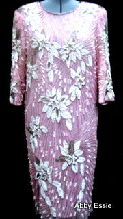 Rare Vintage Nina Couture Light Pink Sequined & Beaded Silk Deco Great Gatsby Flapper Gown Sz Medium Abby Essie