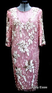 Rare Vintage Nina Couture Light Pink Sequined & Beaded Silk Deco Great Gatsby Flapper Gown Sz Medium Abby Essie