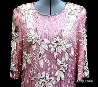 Rare Vintage Nina Couture Light Pink Sequined & Beaded Silk Deco Great Gatsby Flapper Gown Sz Medium Abby Essie