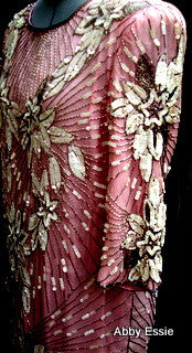 Rare Vintage Nina Couture Light Pink Sequined & Beaded Silk Deco Great Gatsby Flapper Gown Sz Medium Abby Essie