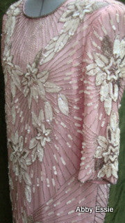 Rare Vintage Nina Couture Light Pink Sequined & Beaded Silk Deco Great Gatsby Flapper Gown Sz Medium Abby Essie