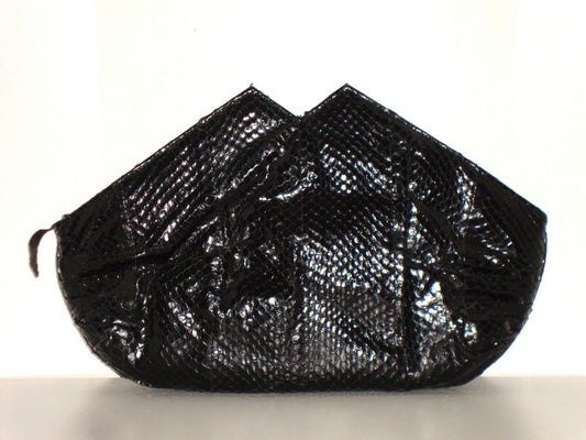 Vtg Black Authentic Snakeskin Leather Bag W/ Twin Peak Design Abby Essie