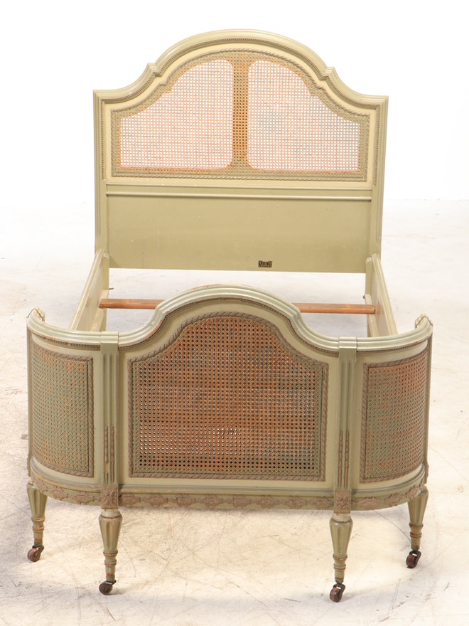 French Baroque Louis XVI Cane Green Painted Twin Bed ABBY ESSIE STUDIOS