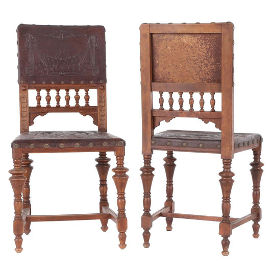 Antique Gothic Revival Carved Oak Leather Side Chairs - a Pair ABBY ESSIE STUDIOS