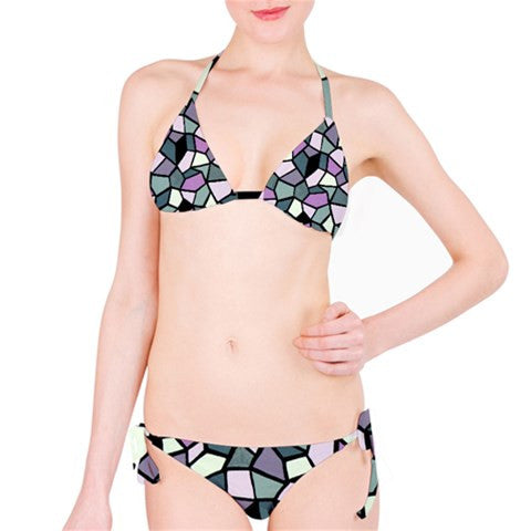 Suga Lane Dimensions I Geometric Stained Glass Pink Gray Black Stained Glass Bikini