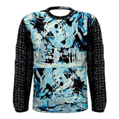 Le Closet #5 Mens Storm Grid Matrix Abstract Hand  Painted Print Blue Black Long Sleeve Tee ABBY ESSIE