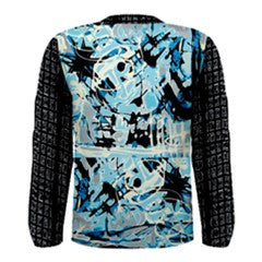 Le Closet #5 Mens Storm Grid Matrix Abstract Hand  Painted Print Blue Black Long Sleeve Tee ABBY ESSIE