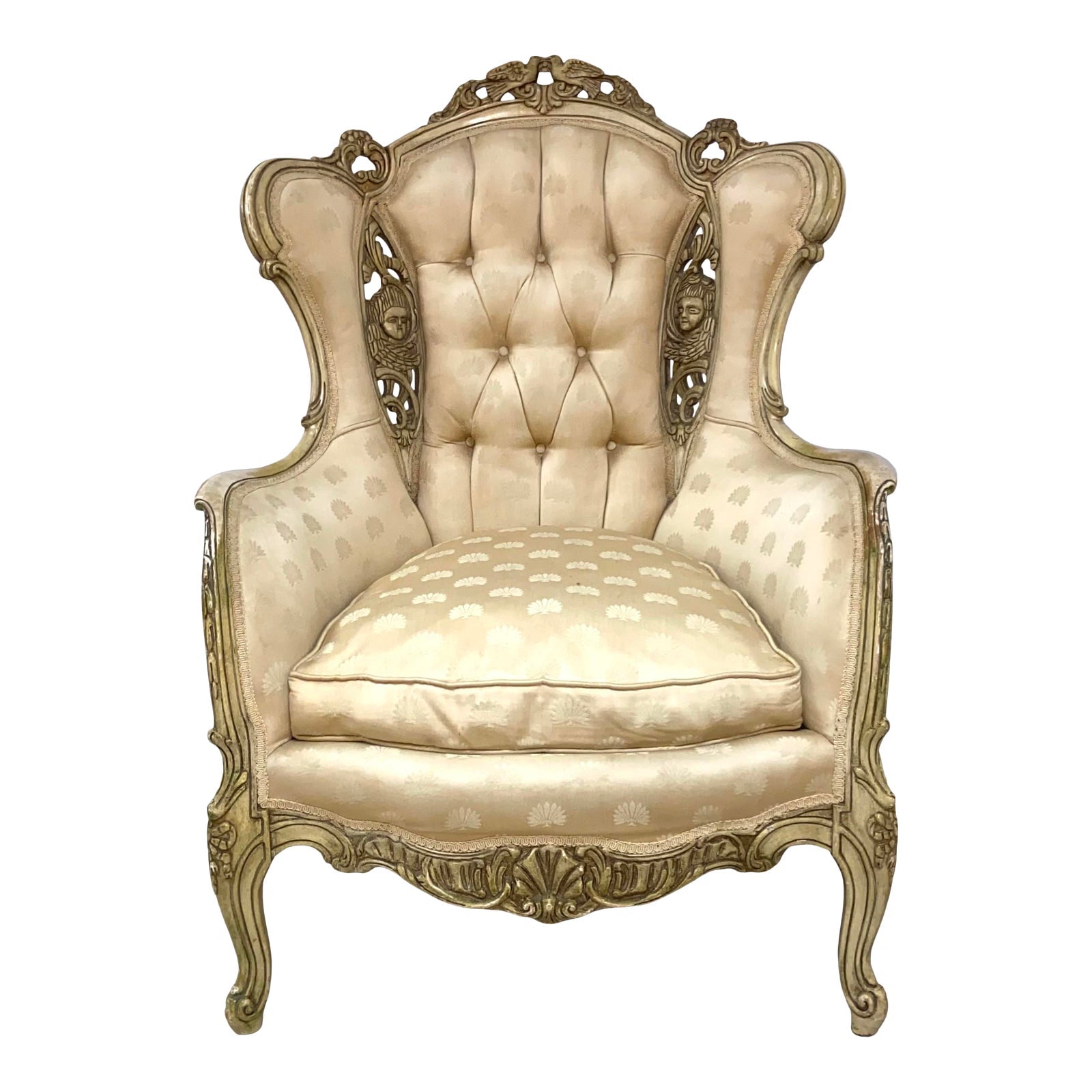 Antique French Louis XV Rococo Hand Carved Velvet Wingback Chair