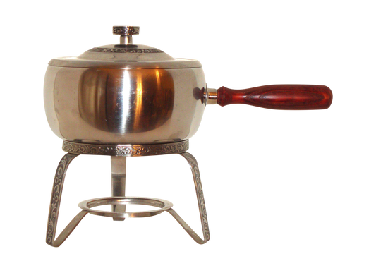 RARE VINTAGE 2 pc STAINLESS STEEL POT W/ GRECIAN DESIGN WOOD HANDLE BURNER Abby Essie