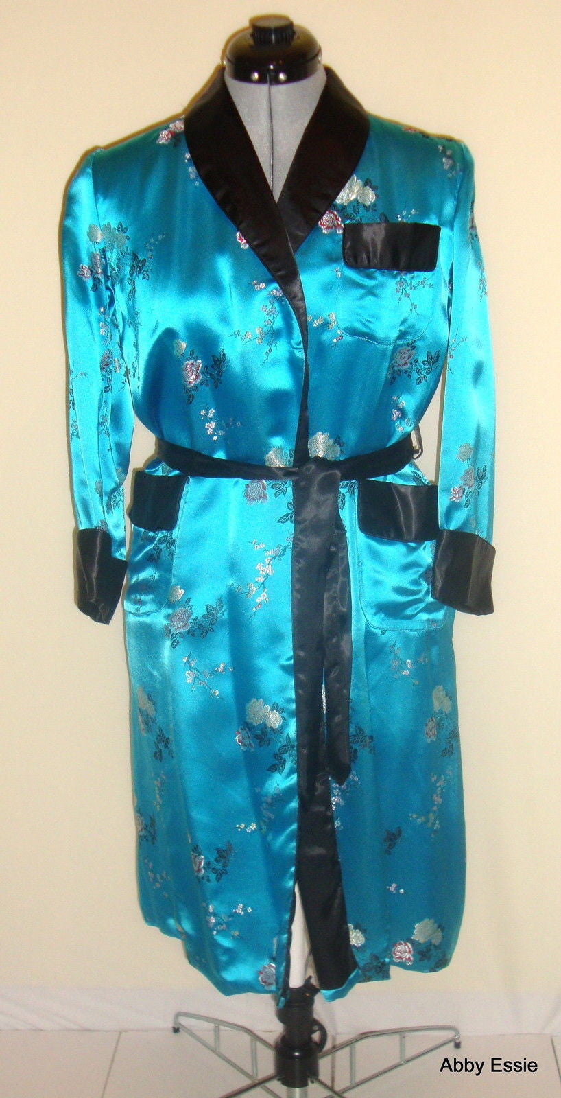 Vintage Blue Turquoise Satin Smoking Jacket Asian Brocade Floral Abby Essie