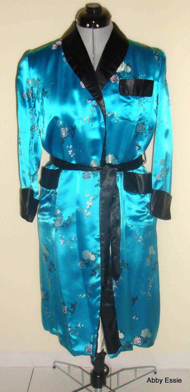 Vintage Blue Turquoise Satin Smoking Jacket Asian Brocade Floral Abby Essie