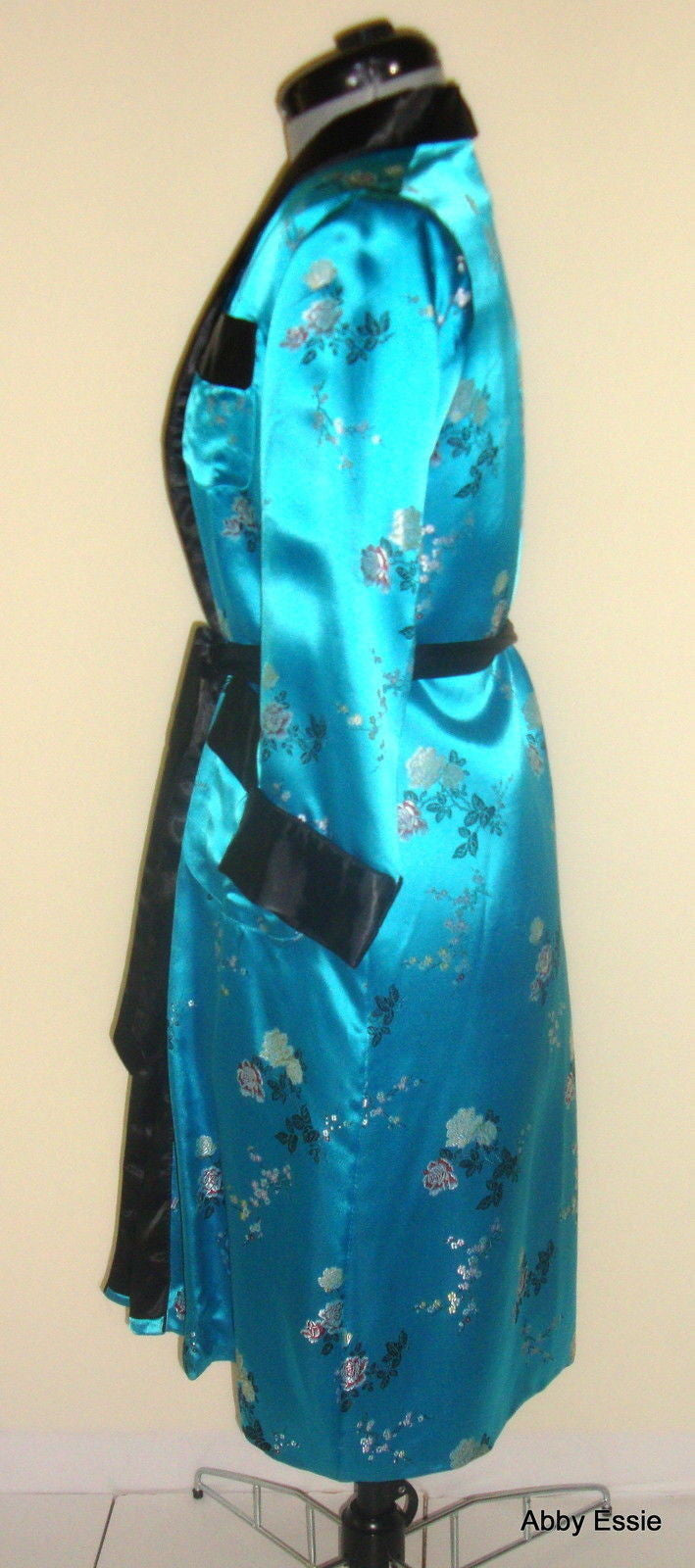 Vintage Blue Turquoise Satin Smoking Jacket Asian Brocade Floral Abby Essie