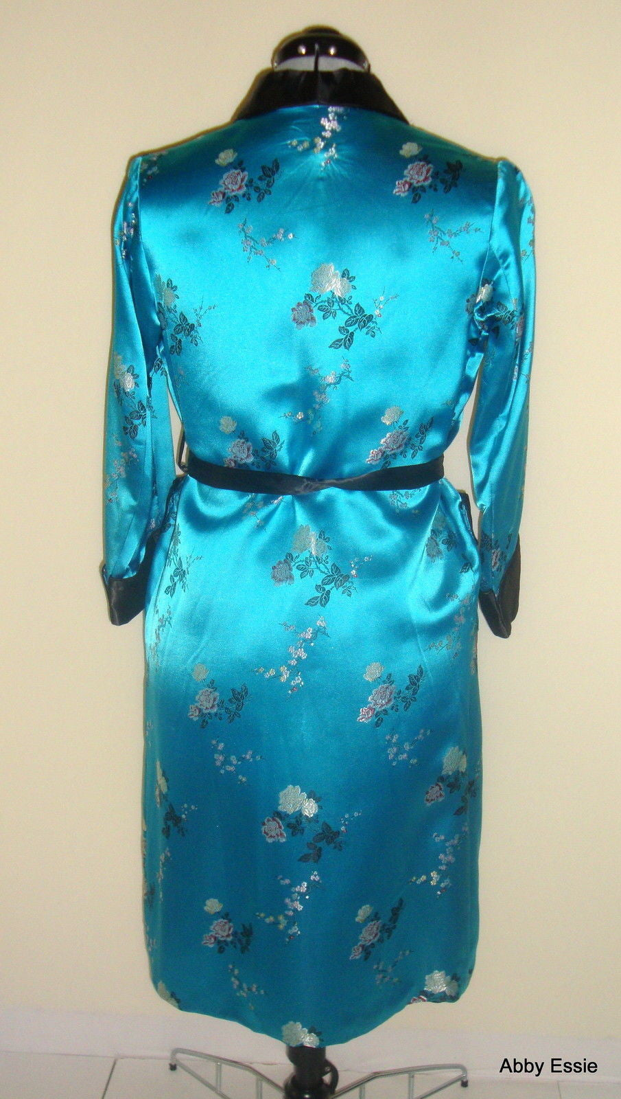 Vintage Blue Turquoise Satin Smoking Jacket Asian Brocade Floral Abby Essie