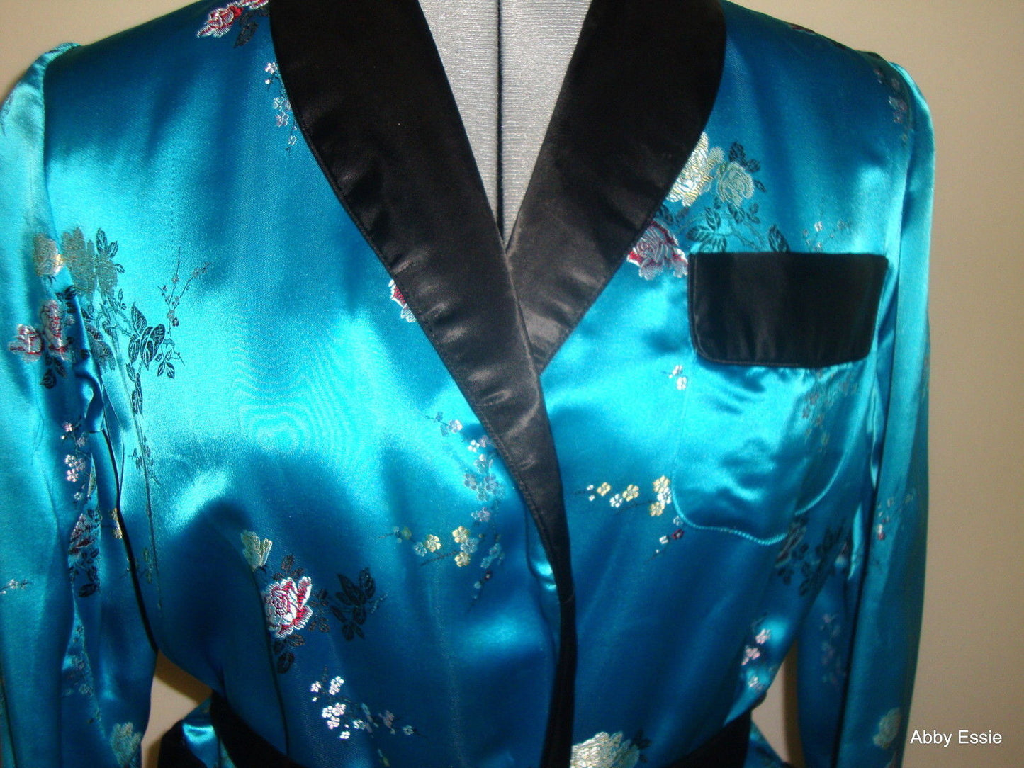 Vintage Blue Turquoise Satin Smoking Jacket Asian Brocade Floral Abby Essie