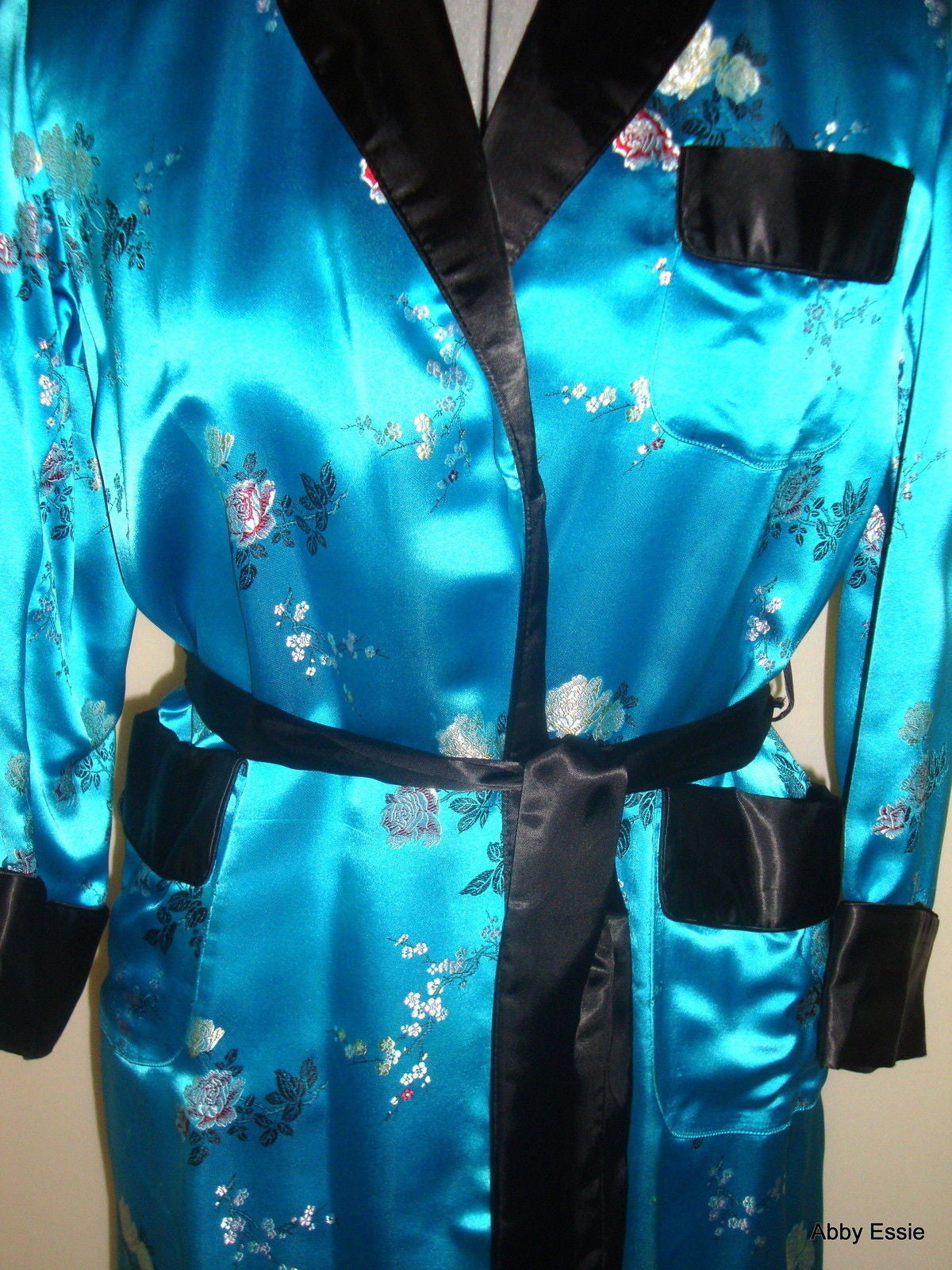 Vintage Blue Turquoise Satin Smoking Jacket Asian Brocade Floral Abby Essie