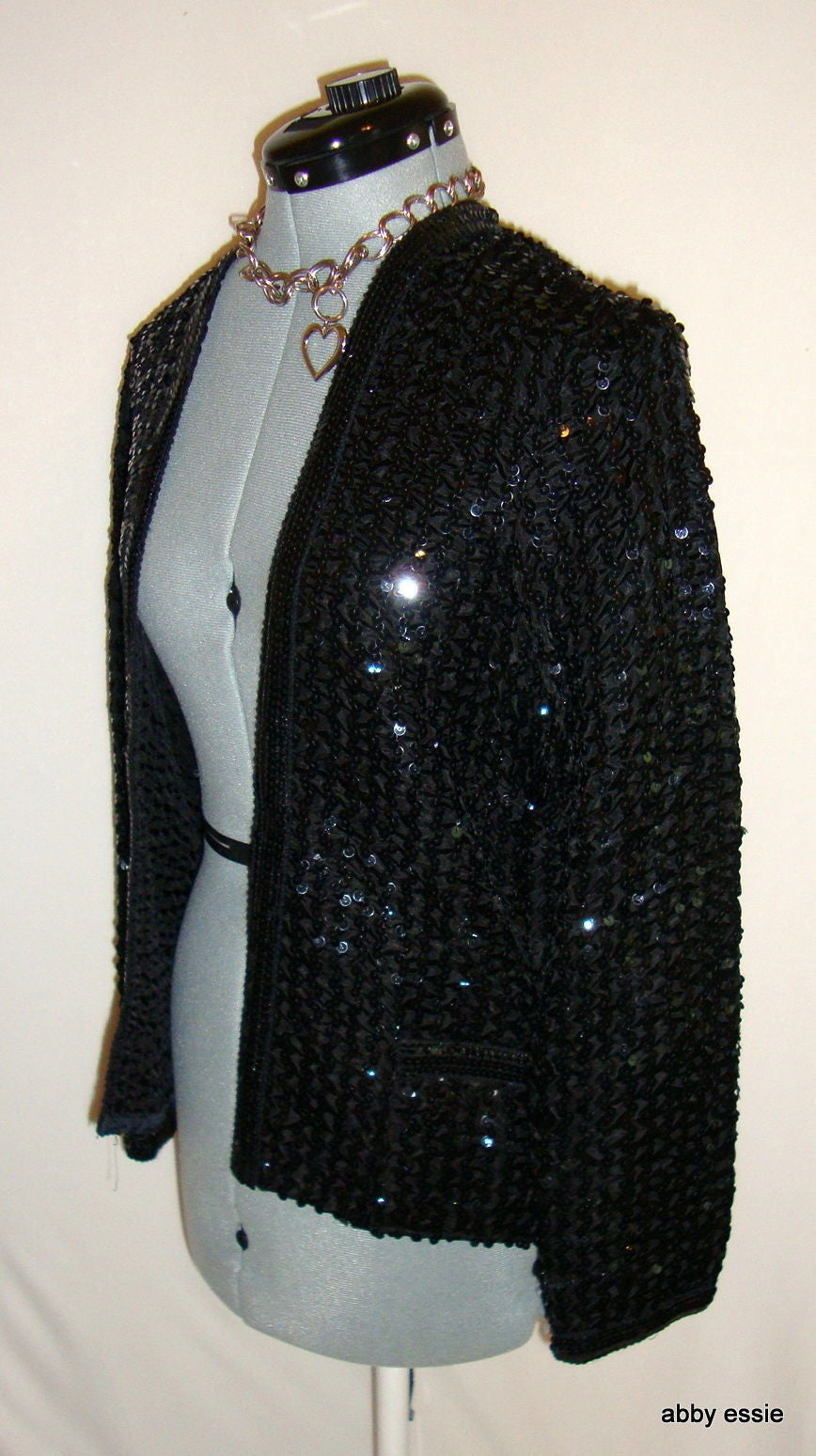 VINTAGE PARTIQUE NEW YORK BLACK SATIN SEQUIN RUCHE COCKTAIL FORMAL JACKET LARGE Abby Essie