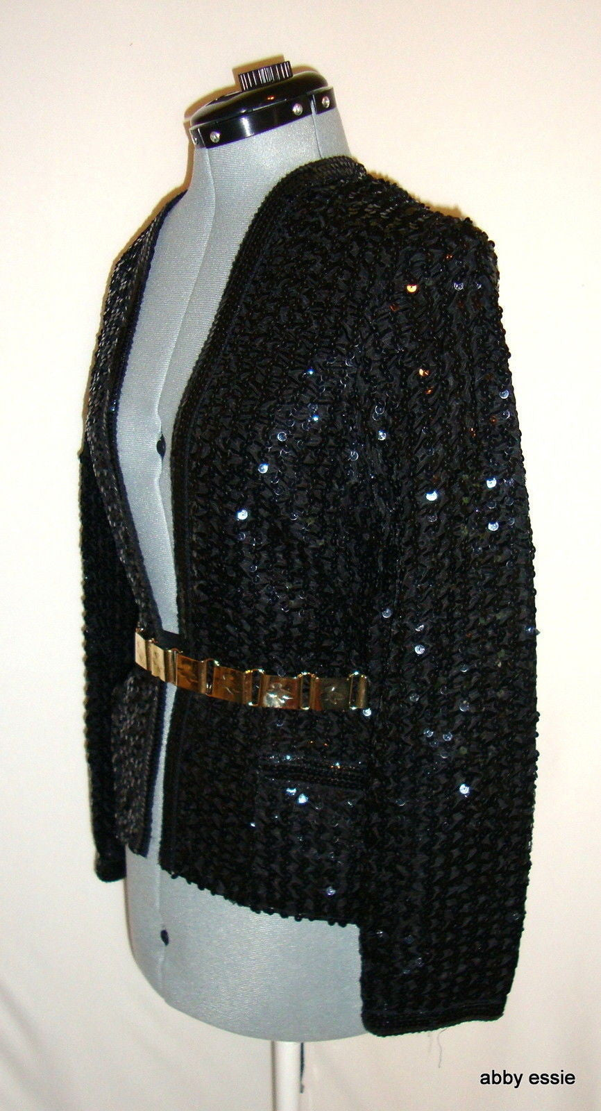 VINTAGE PARTIQUE NEW YORK BLACK SATIN SEQUIN RUCHE COCKTAIL FORMAL JACKET LARGE Abby Essie