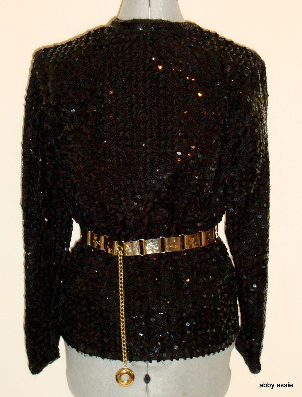 VINTAGE PARTIQUE NEW YORK BLACK SATIN SEQUIN RUCHE COCKTAIL FORMAL JACKET LARGE Abby Essie