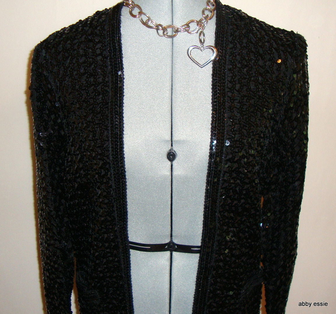 VINTAGE PARTIQUE NEW YORK BLACK SATIN SEQUIN RUCHE COCKTAIL FORMAL JACKET LARGE Abby Essie