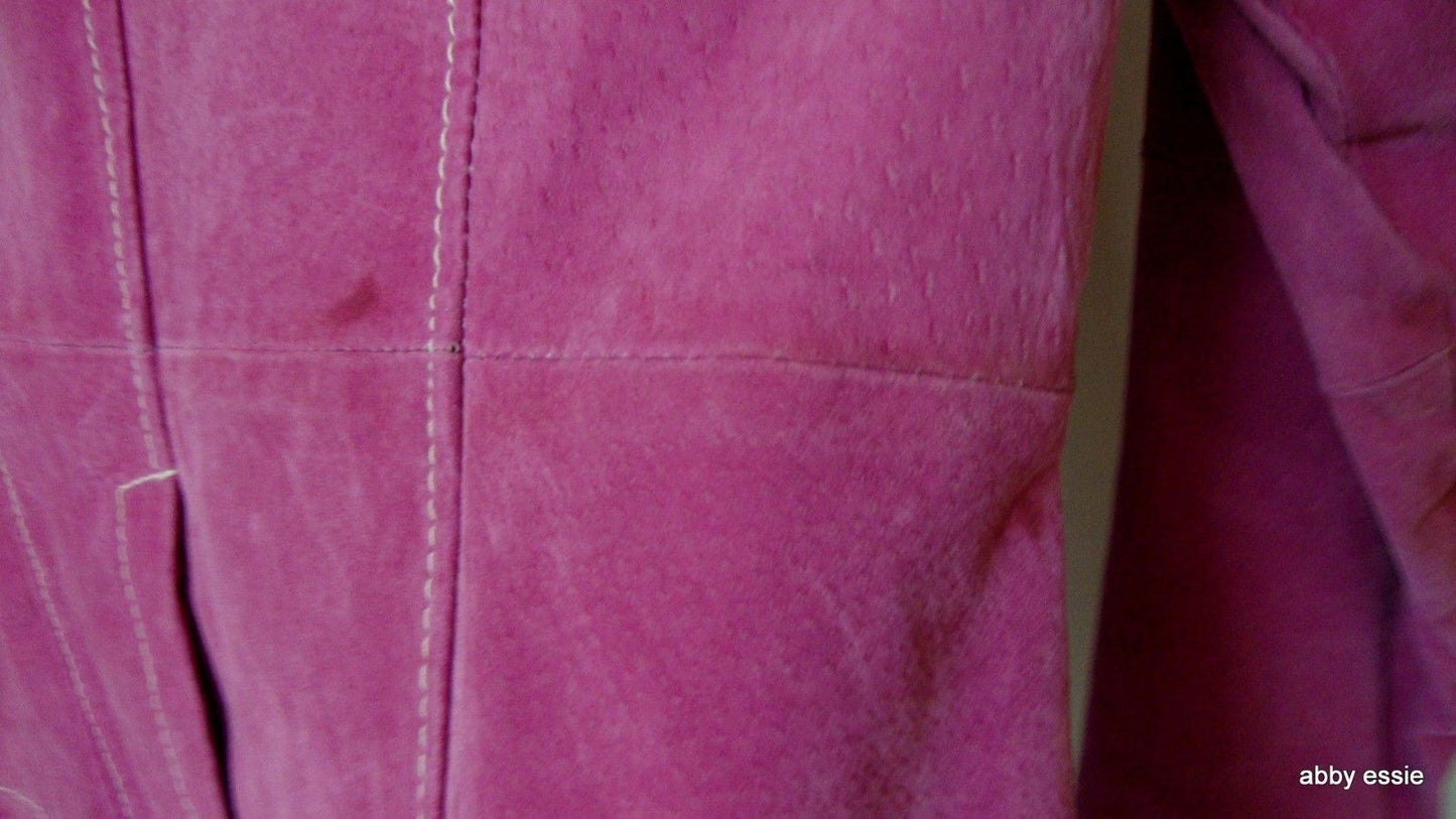 Hot Pink Leather Blazer Jacket White Stitching Wide Collar Sz Small