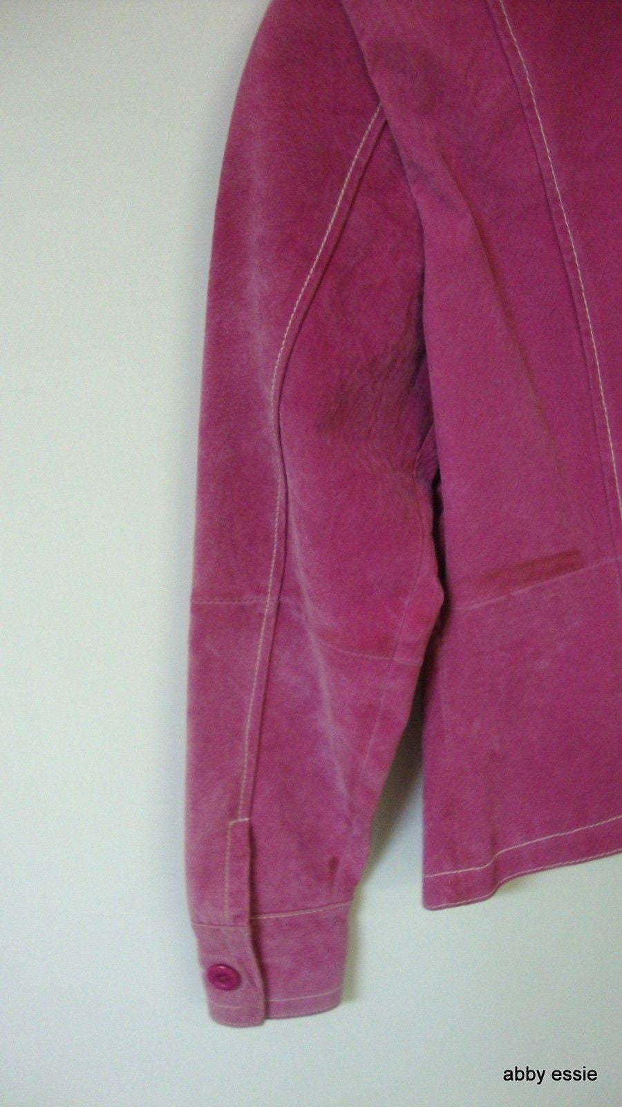 Hot Pink Leather Blazer Jacket White Stitching Wide Collar Sz Small Abby Essie