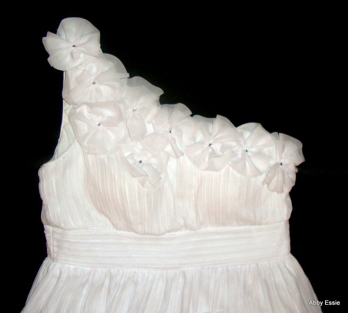 White Silky Pleated One Shoulder Rhinestone Flower Applique Chiffon Dress Abby Essie