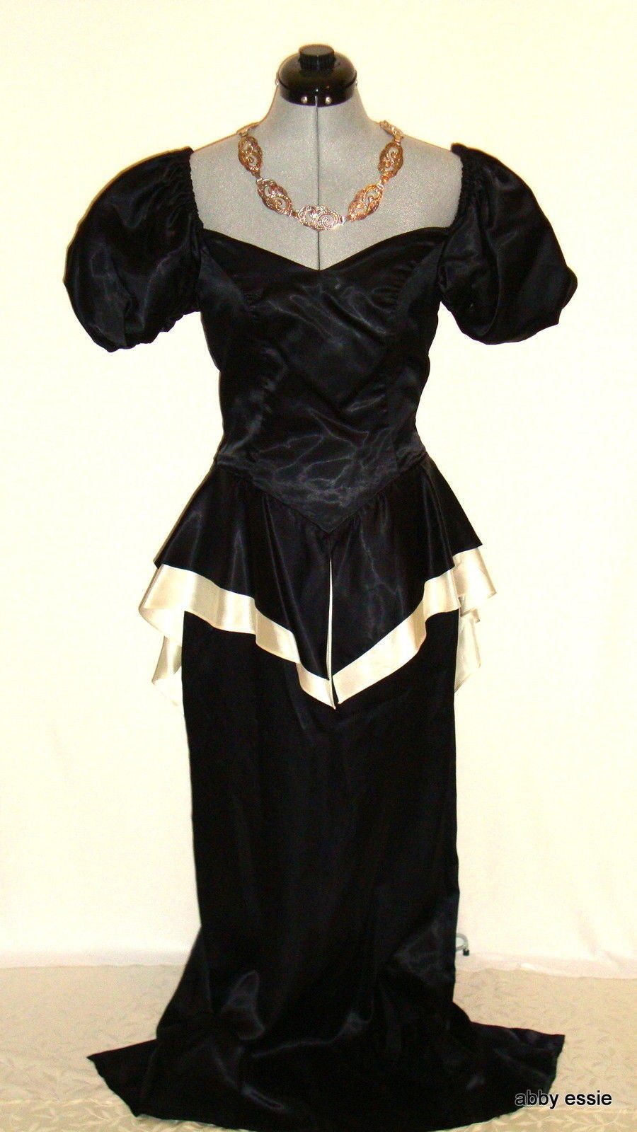 Vintage Black White Silk Satin Peplum Victorian Goth Vtg 12 Medium Abby Essie
