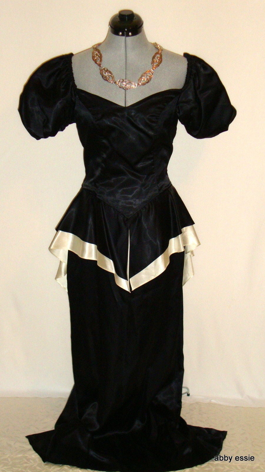 Vintage Black White Silk Satin Peplum Victorian Goth Vtg 12 Medium Abby Essie