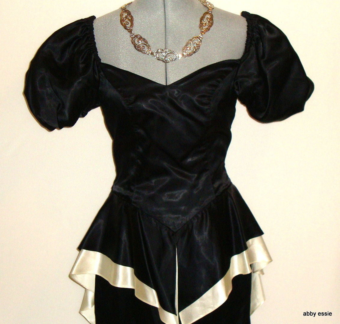 Vintage Black White Silk Satin Peplum Victorian Goth Vtg 12 Medium Abby Essie