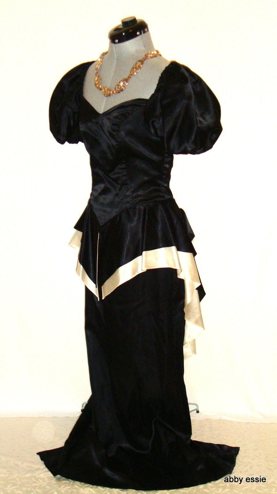 Vintage Black White Silk Satin Peplum Victorian Goth Vtg 12 Medium Abby Essie