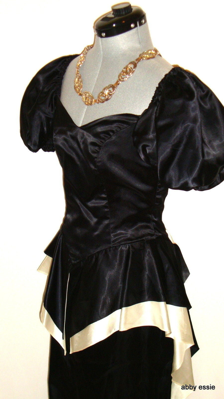 Vintage Black White Silk Satin Peplum Victorian Goth Vtg 12 Medium Abby Essie