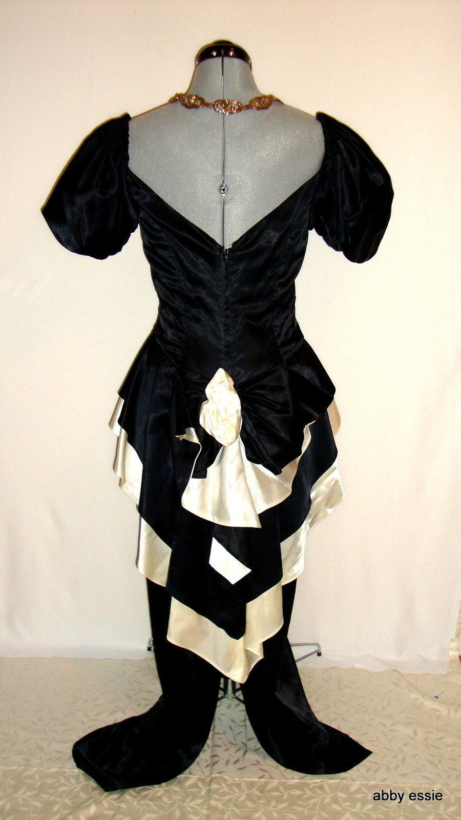 Vintage Black White Silk Satin Peplum Victorian Goth Vtg 12 Medium Abby Essie