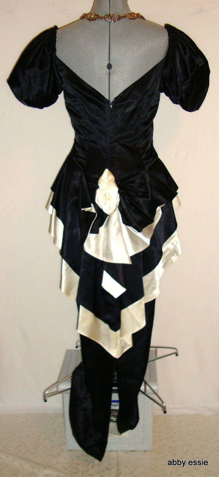 Vintage Black White Silk Satin Peplum Victorian Goth Vtg 12 Medium Abby Essie