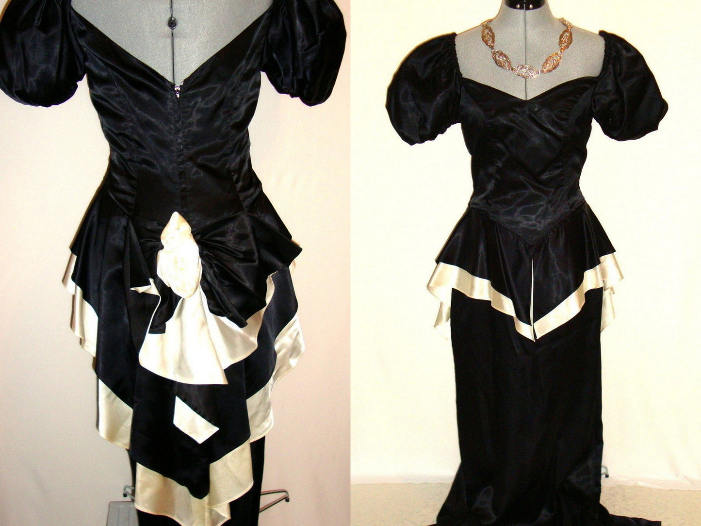 Vintage Black White Silk Satin Peplum Victorian Goth Vtg 12 Medium Abby Essie