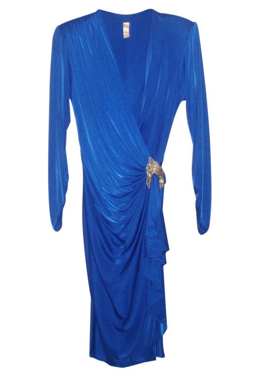 Vintage Beaded Royal Blue Silky Glam Drape Ruche Dress