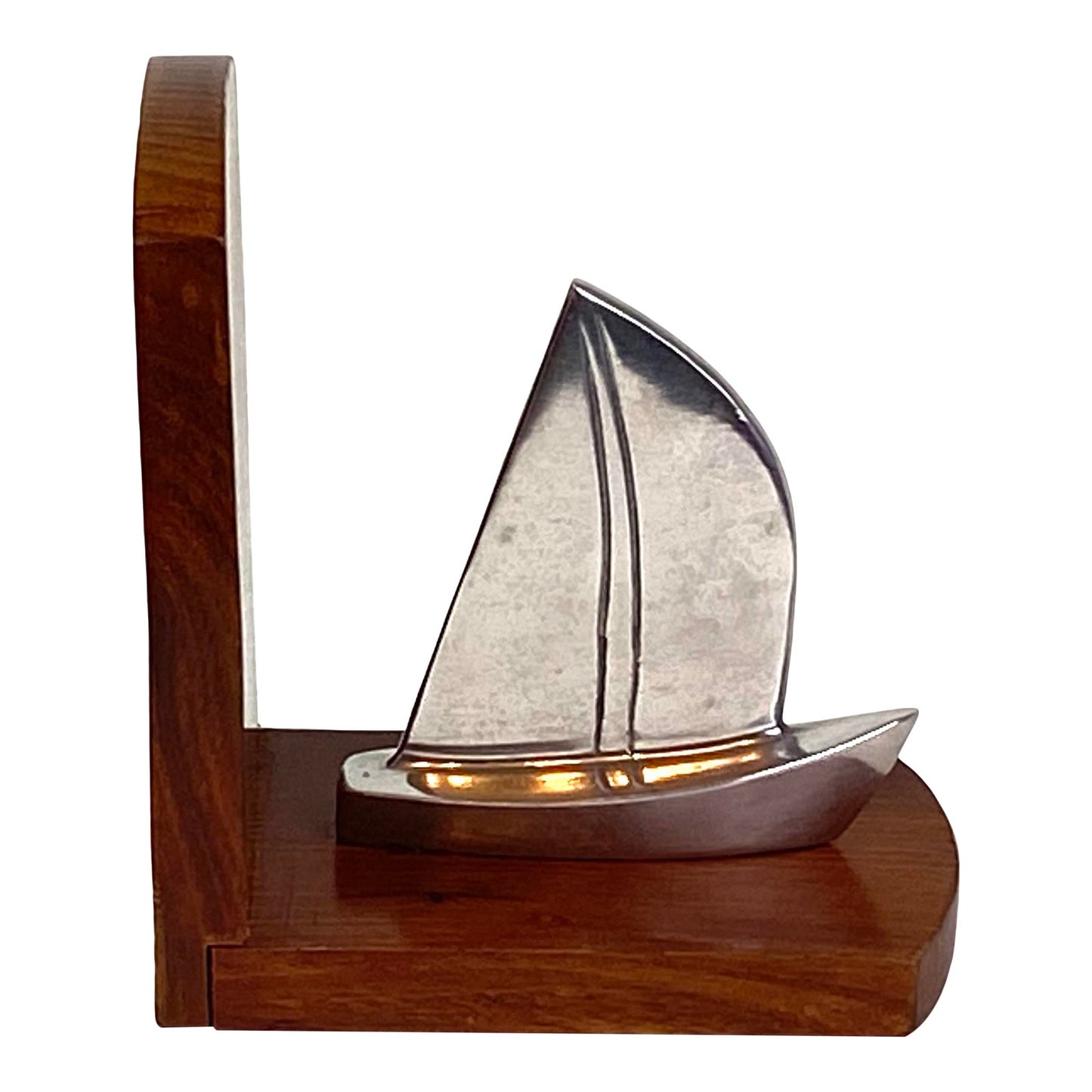 Mid-Century Steel Boat Walnut Wood Bookend