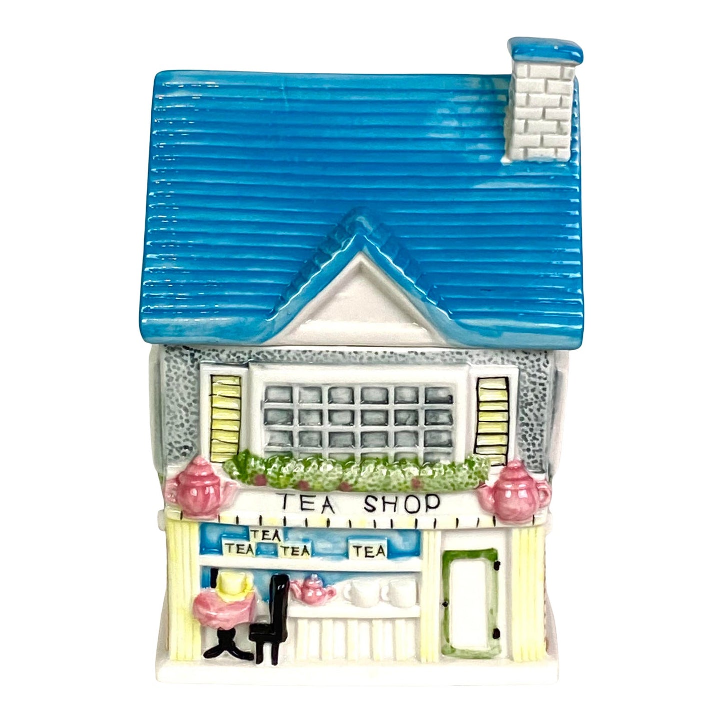 Painted Ceramic Lidded Cookie Jar Tea House