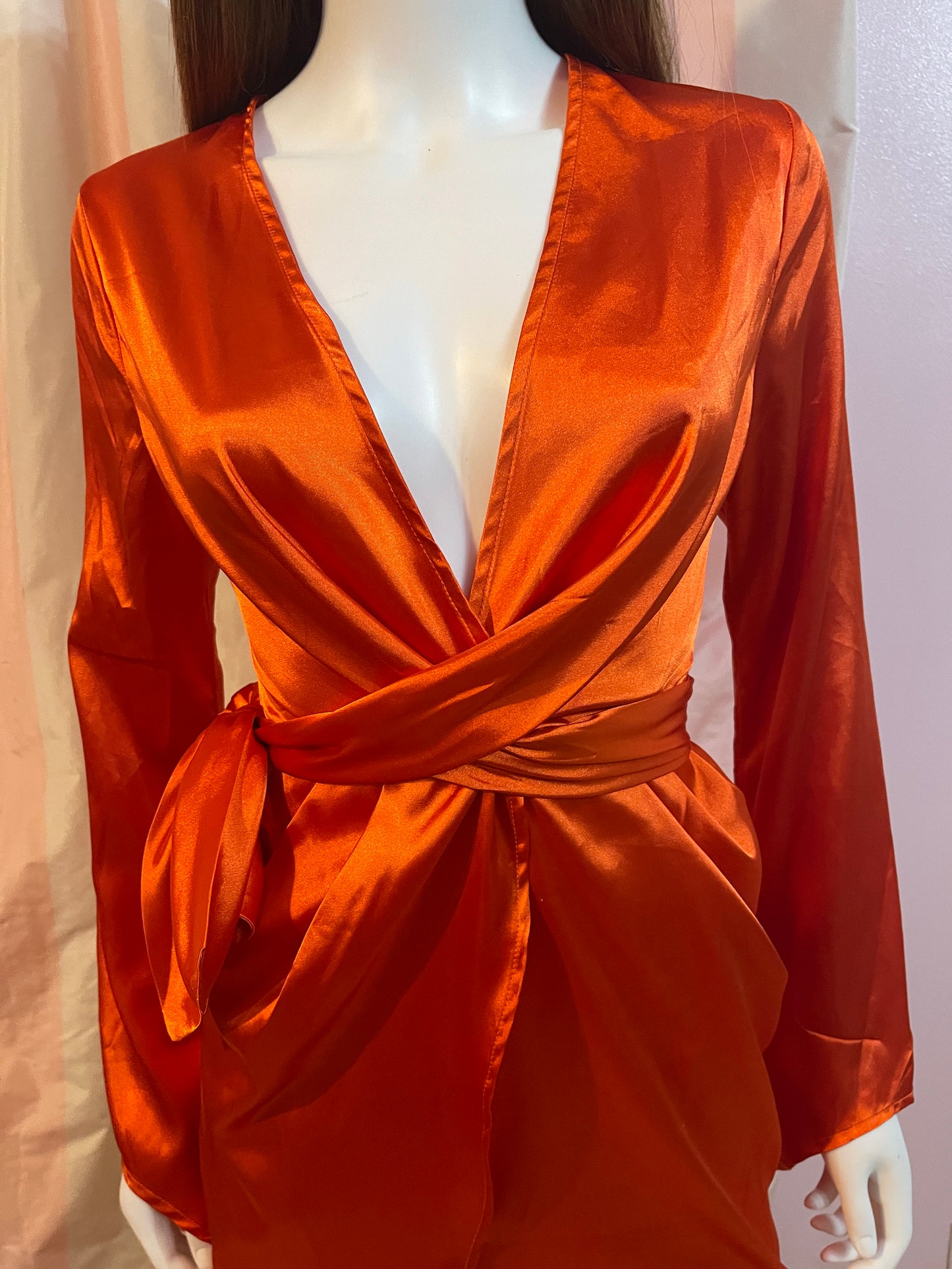 bright red orange satin wrap dress