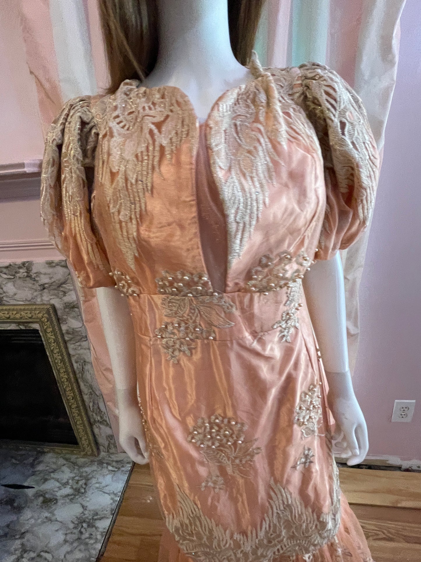 Vintage Pink Peach Satin Lace Dress Gown