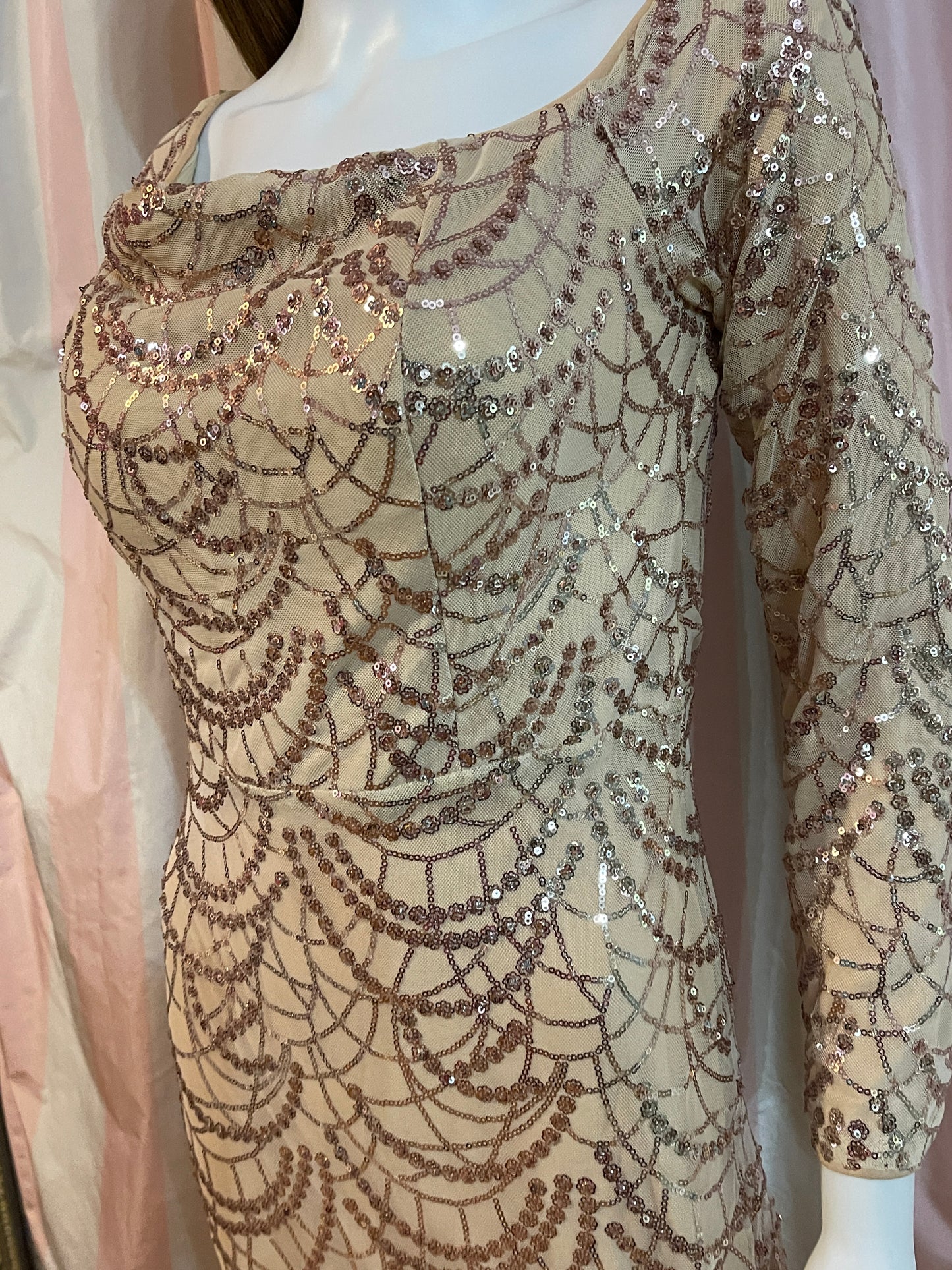 Beige Silk Sequin Sheer Long Sleeve Gown Dress