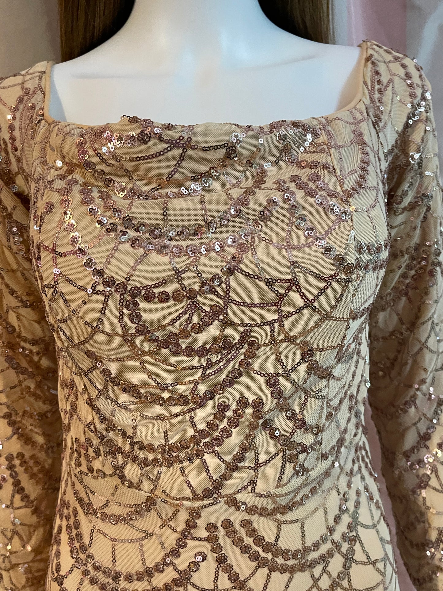 Beige Silk Sequin Sheer Long Sleeve Gown Dress