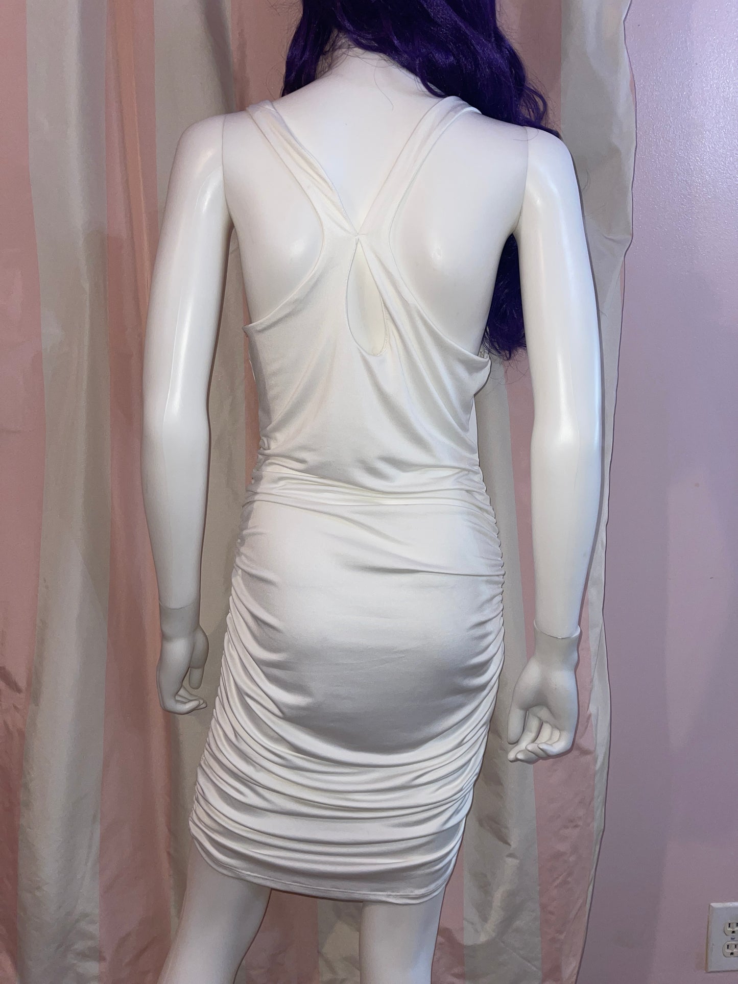 White Halter Plunge Ruche Stretch Dress