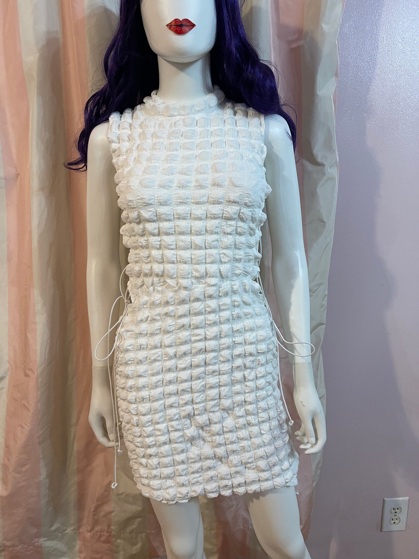 NWT White Stretch Ruche Lace Up Mini Dress