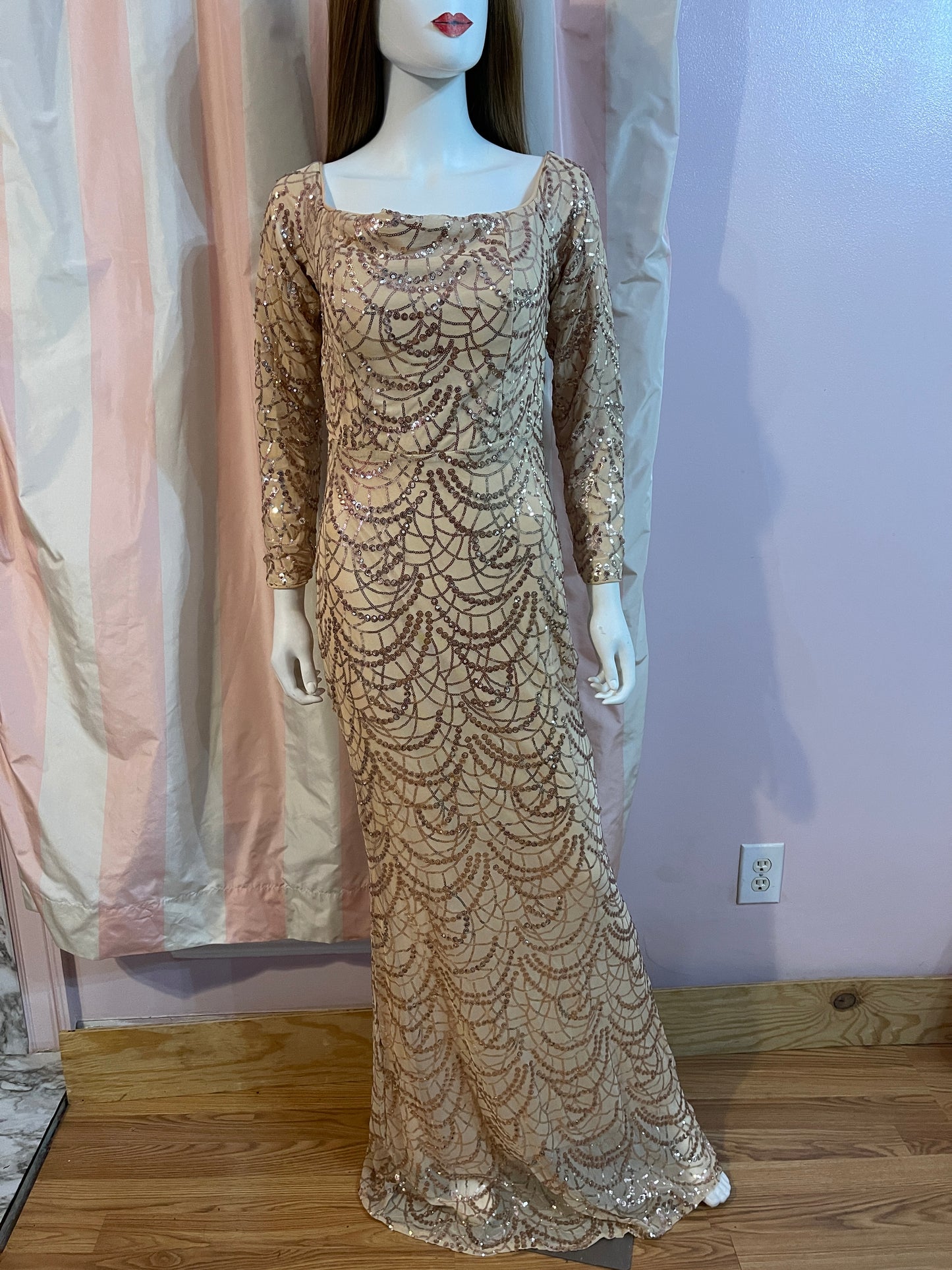 Beige Silk Sequin Sheer Long Sleeve Gown Dress