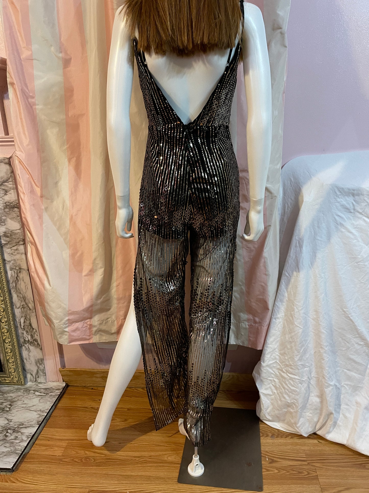 Vintage Gold Lane Black Sequin Sheer pantsuit
